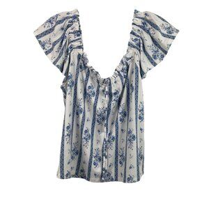Willow Root Blue & White Floral Striped Ruffle Sleeve Blouse Womens Size Large